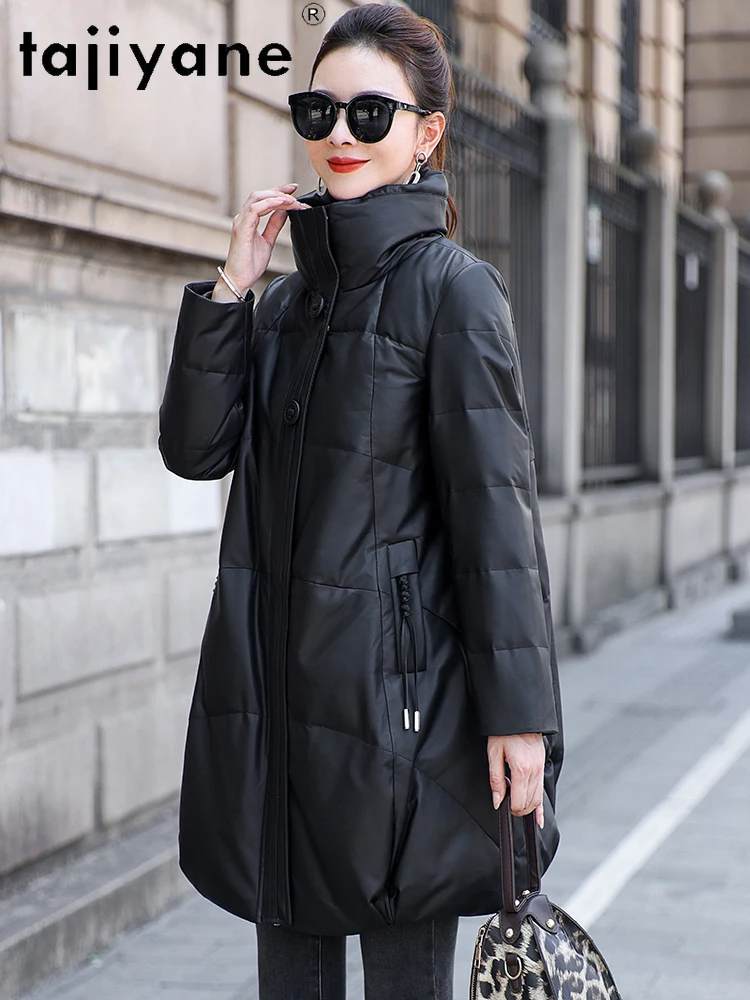 TAJIYANE 100% سترة منتفخة من جلد الغنم للنساء قسط الأبيض بطة أسفل معاطف سترات من الجلد الطبيعي 2025 ملابس امرأة الشتاء 신상 Notiitet