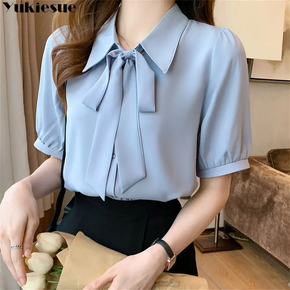 ฤดูร้อนสแควร์เกาหลีสไตล์แฟชั่นเสื้อผ้าผู้หญิงชีฟอง Femme Bow เสื้อด้านบนผู้หญิงเสื้อแขนสั้น
