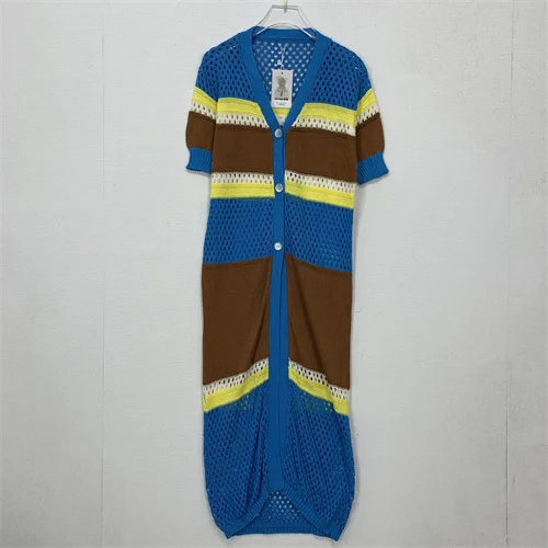 Vintage Handmade Hooked Floral Hollow out Sweater Long Sve V-Ne Spring Summer Cotton Blend Knitted n awl Coat