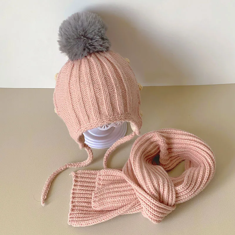 2Pcs Winter Baby Hat Scarf Gloves Set Solid Color Toddler Bonnet Cute Pompom Knitted Hats Outdoor Warm Infant Accessories 1-5Y