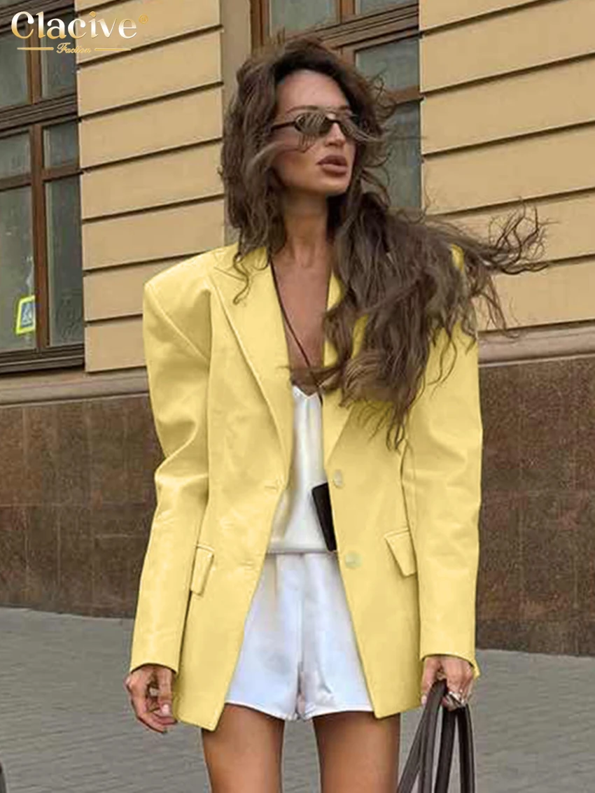 Clacive Winter Loose Yellow Cotton Office Women\'s Blazer Fashion Lapel Long Sleeve Blazers Elegant Classic Top Female Clothing