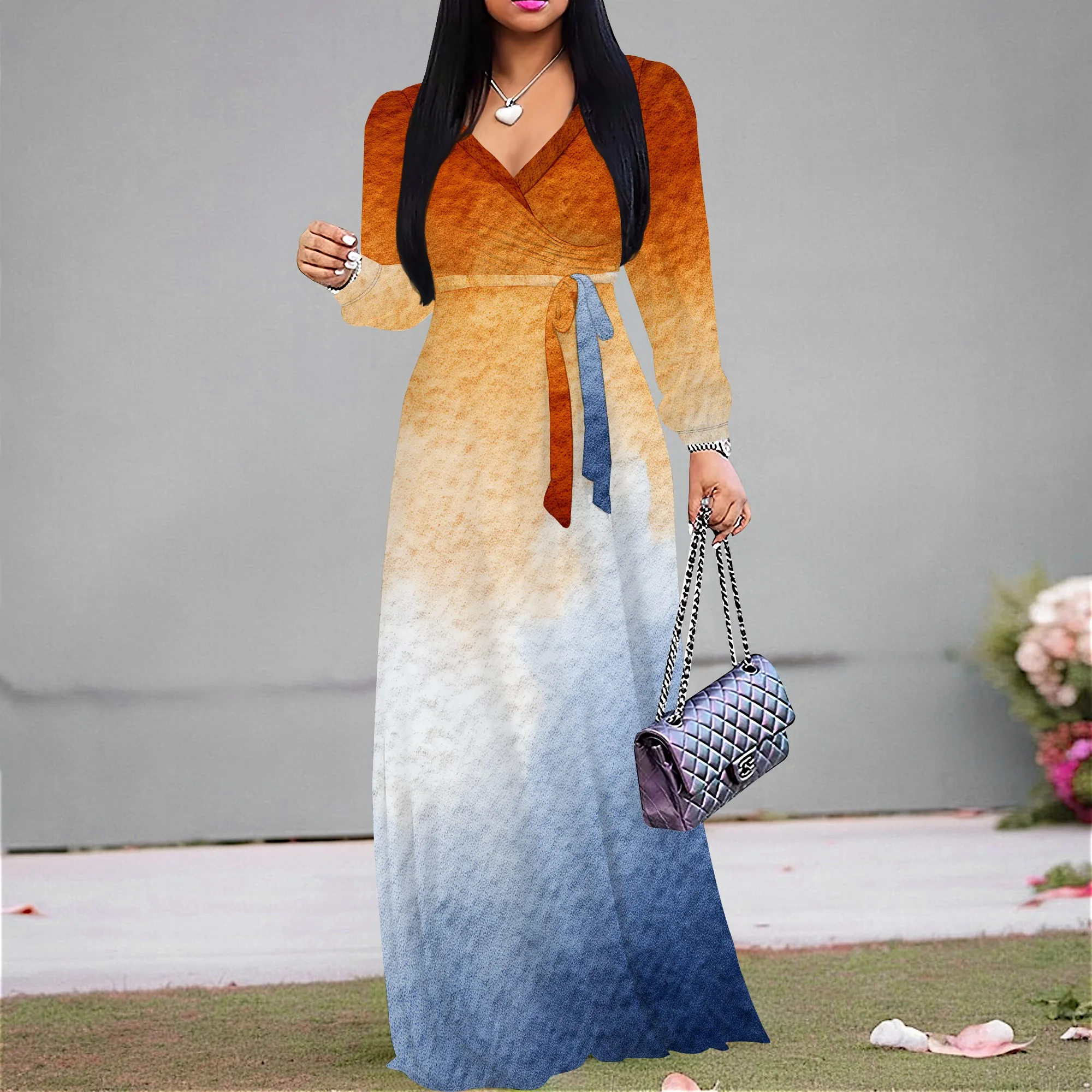 

Nupusa Orange Blue Ombre Print Dress for Women Regular Size Summer Casual V Neck Long Sleeve Maxi Dress