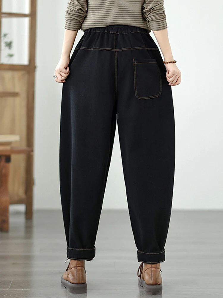 NYFS Vintage Loose Women's plus Size Jeans Elastic Waist Multiple Pockets Autumn Solid Color Denim Harem Trousers