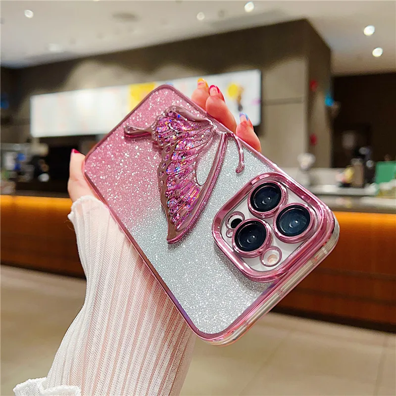 Lovebay Gradient Butterfly Glitter Sparkling Quicksand Case For iPhone 15 14 11 12 13 Pro Max Camera Protective Shockproof Cover