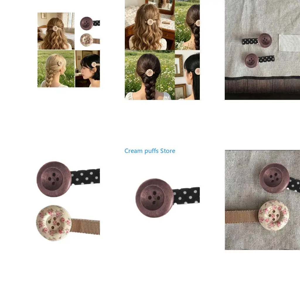50LE Decorative Button Hair Barrettes, 5 Piece Set for Daily Styling