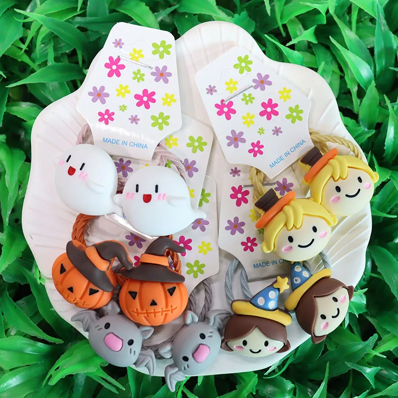 2Pcs Halloween Hair Accessories Pumpkin Bat Children\'s Rubber Band Elastic Hair Band Girls\' Headwear Accessories Decorations
