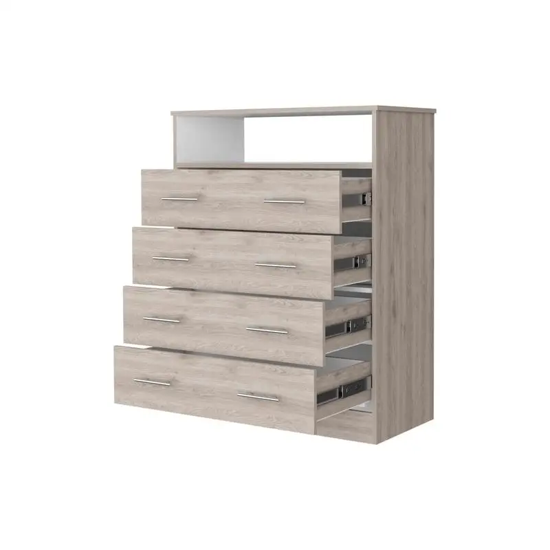Commode à 4 tiroirs gris clair et blanc avec étagère et dessus supérieur
