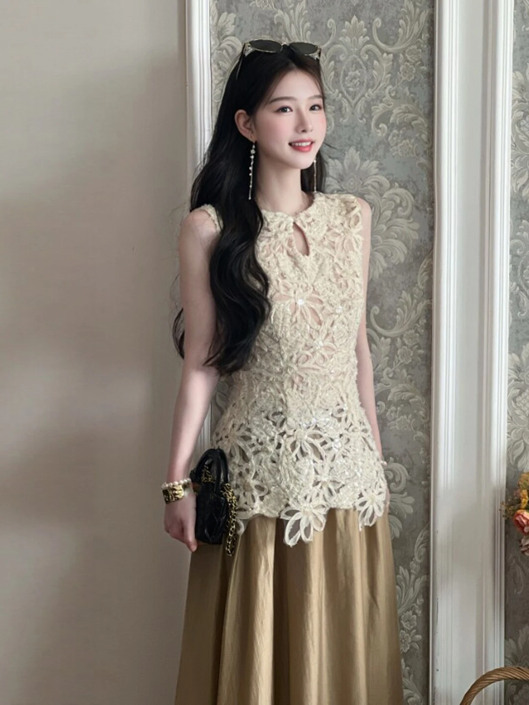 

Unique Lace Top Half Skirt Set Sister Style Comfortable mid Summer Fashion Gentlewoman Trendy Non-Repeating Design 26 Season