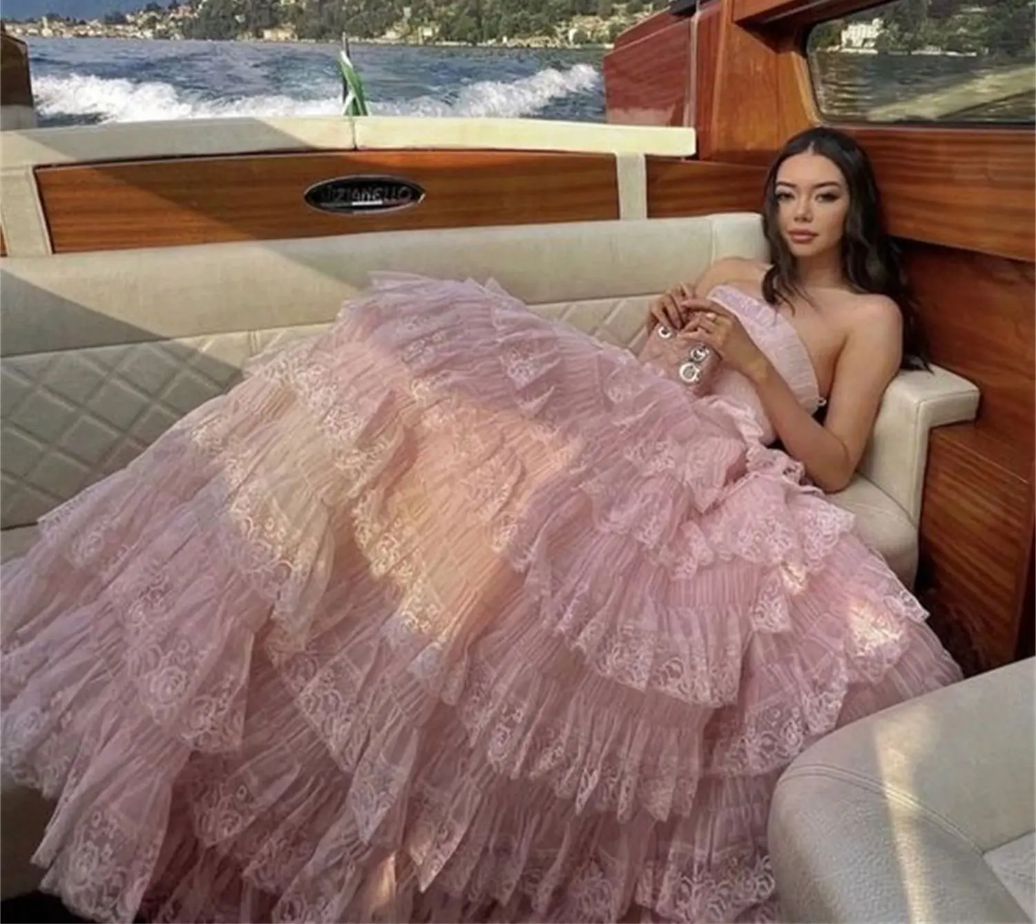 Layered Long Wedding Party Dress Women Elegant Luxury Evening Dresses Customized Pink Lace Fluffy Line A Coming of Age Ceremony