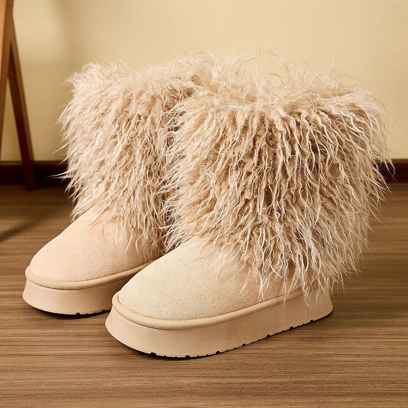 خمر طويلة أفخم الشتاء أحذية النساء الدافئة سميكة أفخم عدم الانزلاق الثلوج أحذية امرأة الانزلاق على منصة مكتنزة منتصف العجل بوتاس 45 #6