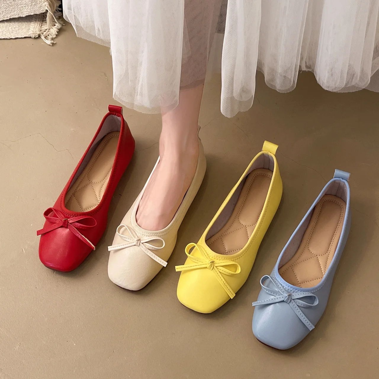 

Женские туфли на плоской подошве с бантом, корейская версия весны/осень 202, квадратный носок с неглубоким горлышком, верхняя одежда, туфли-бобы