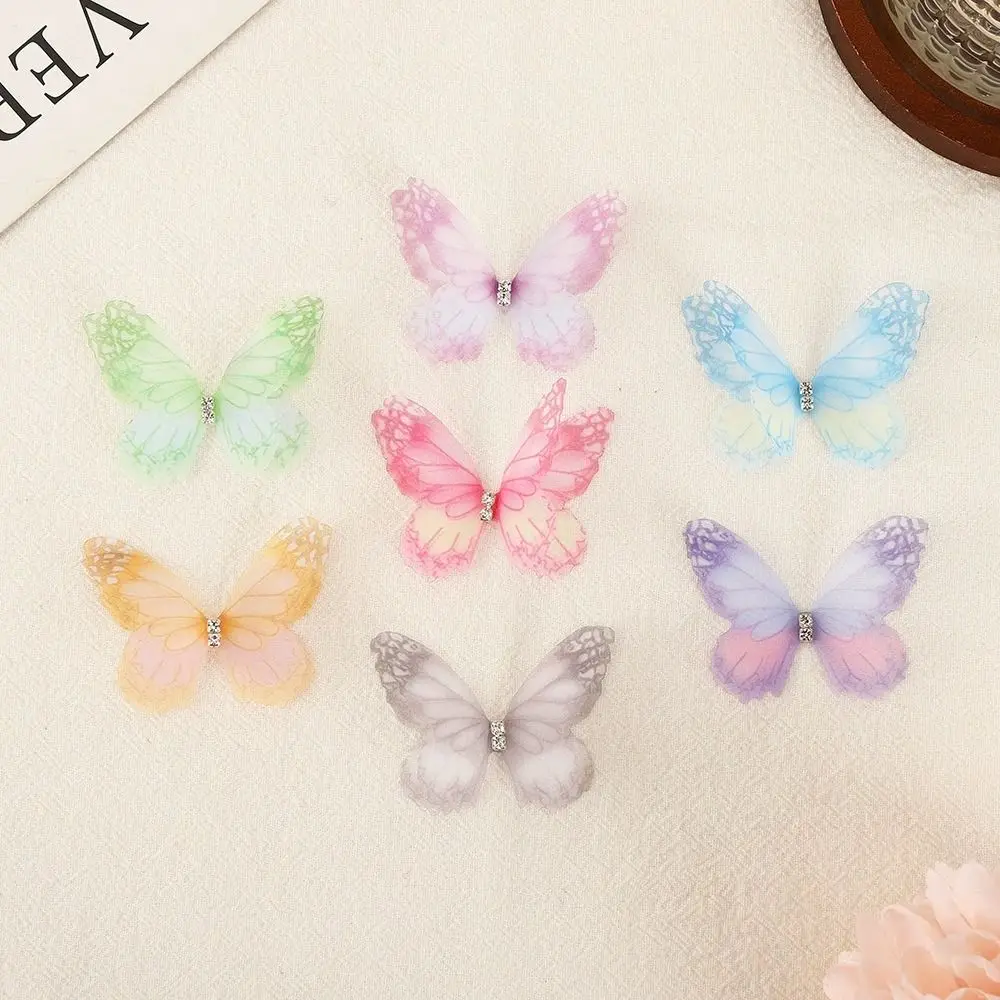 DIY 50Pcs 3D Organza Fabric Butterfly Appliques Double-layer Gradient Color Simulation Mesh Butterfly Patch Translucent