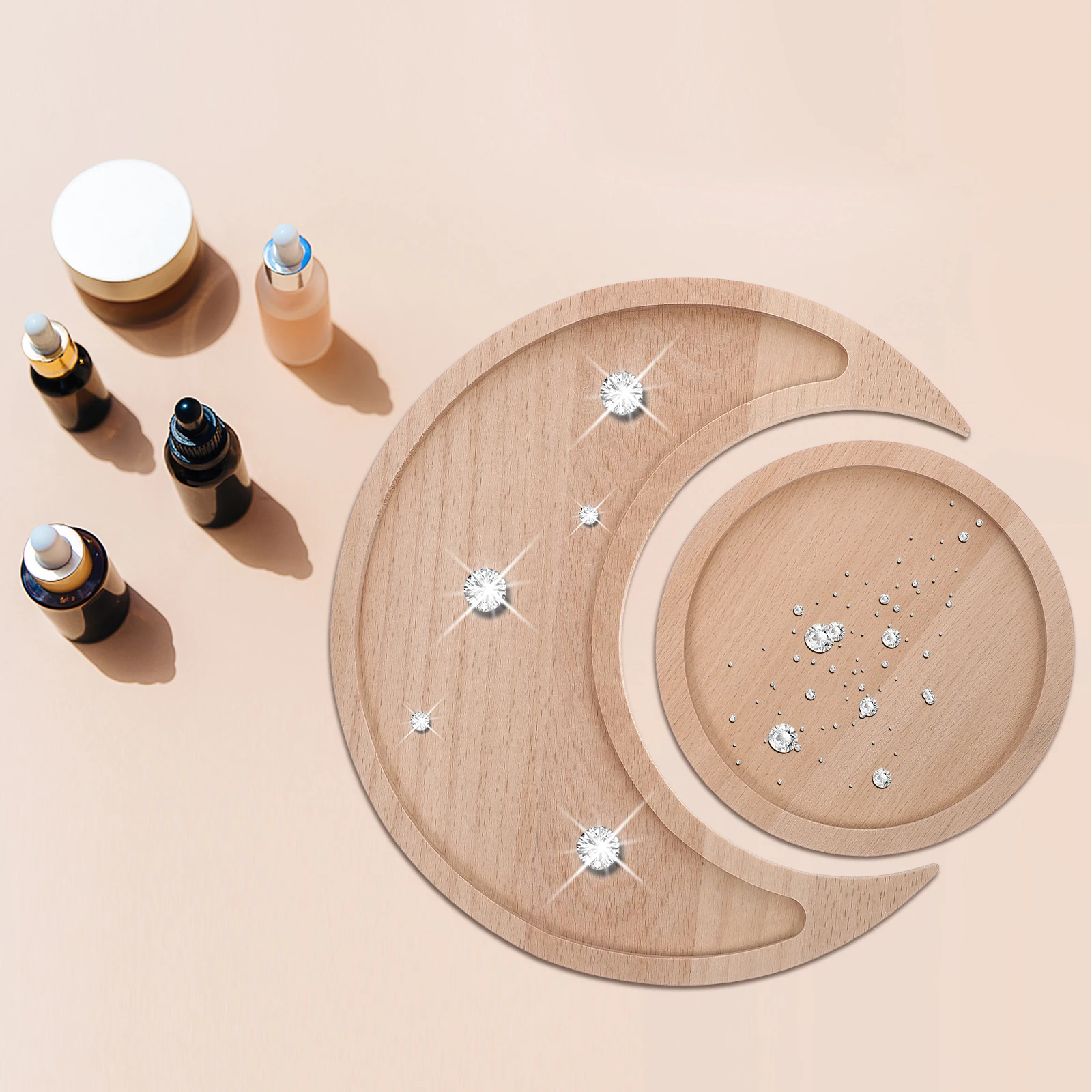 

2Pcs Solid Wood Sun Moon Tray Durable Jewelry Display Dish Smooth Surface Easy Clean Compact Storage Home Decor Wooden Crystal