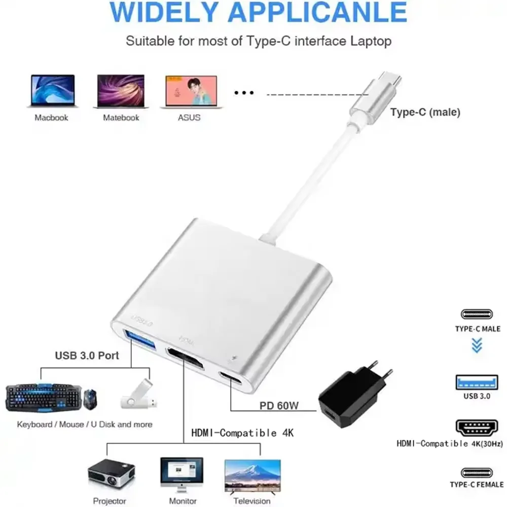 Hub USB C 3 in 1 Adattatore HUB compatibile da tipo C a HDMI Splitter di ricarica USB 3.0 PD per MacBook Air Pro Huawei Samsung Nintendo