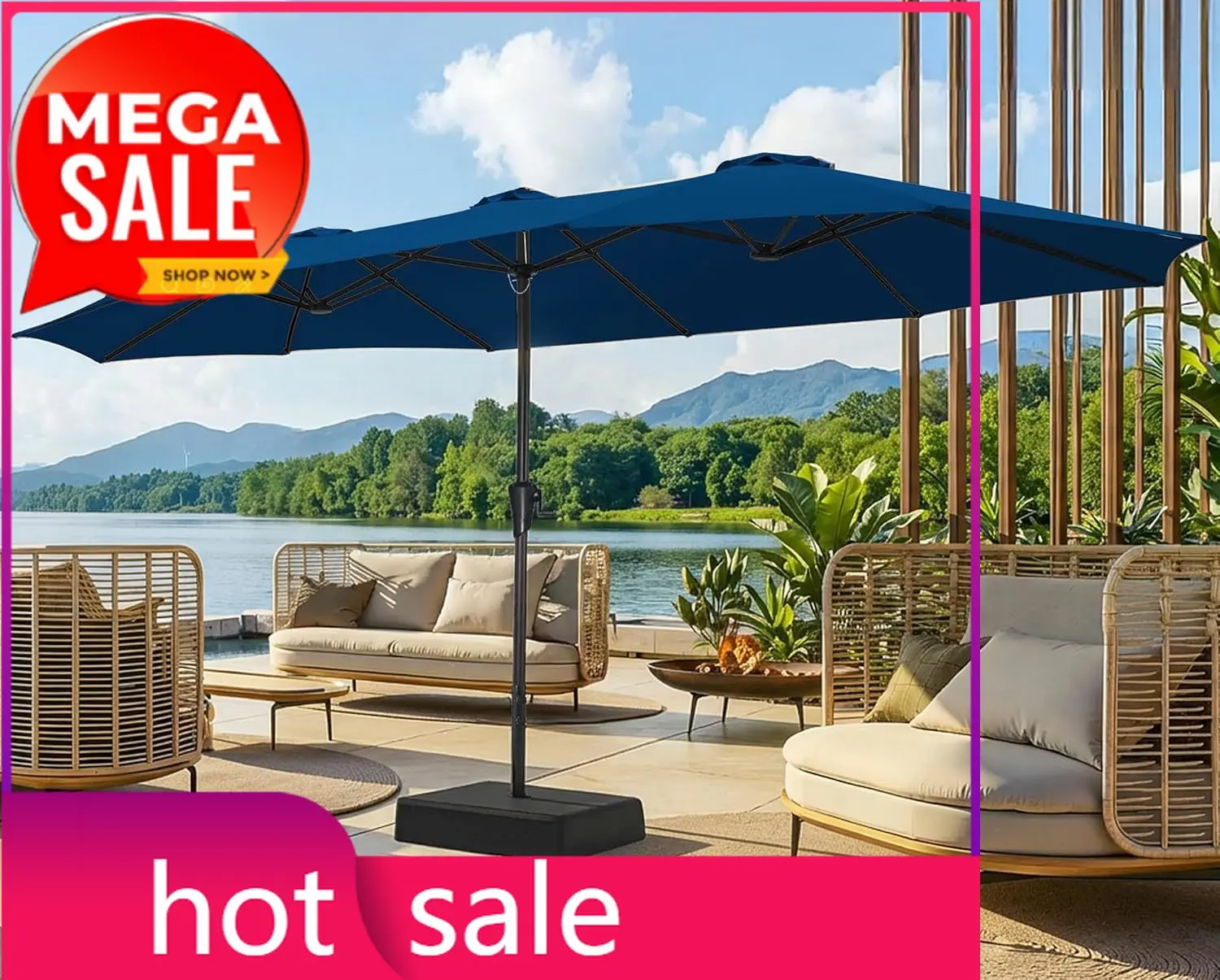 

15FT Outdoor Patio Umbrella with Base Included, Double Sided Pool Umbrellas with Fade Resistant Canopy, Extra-Large Table Umbrel