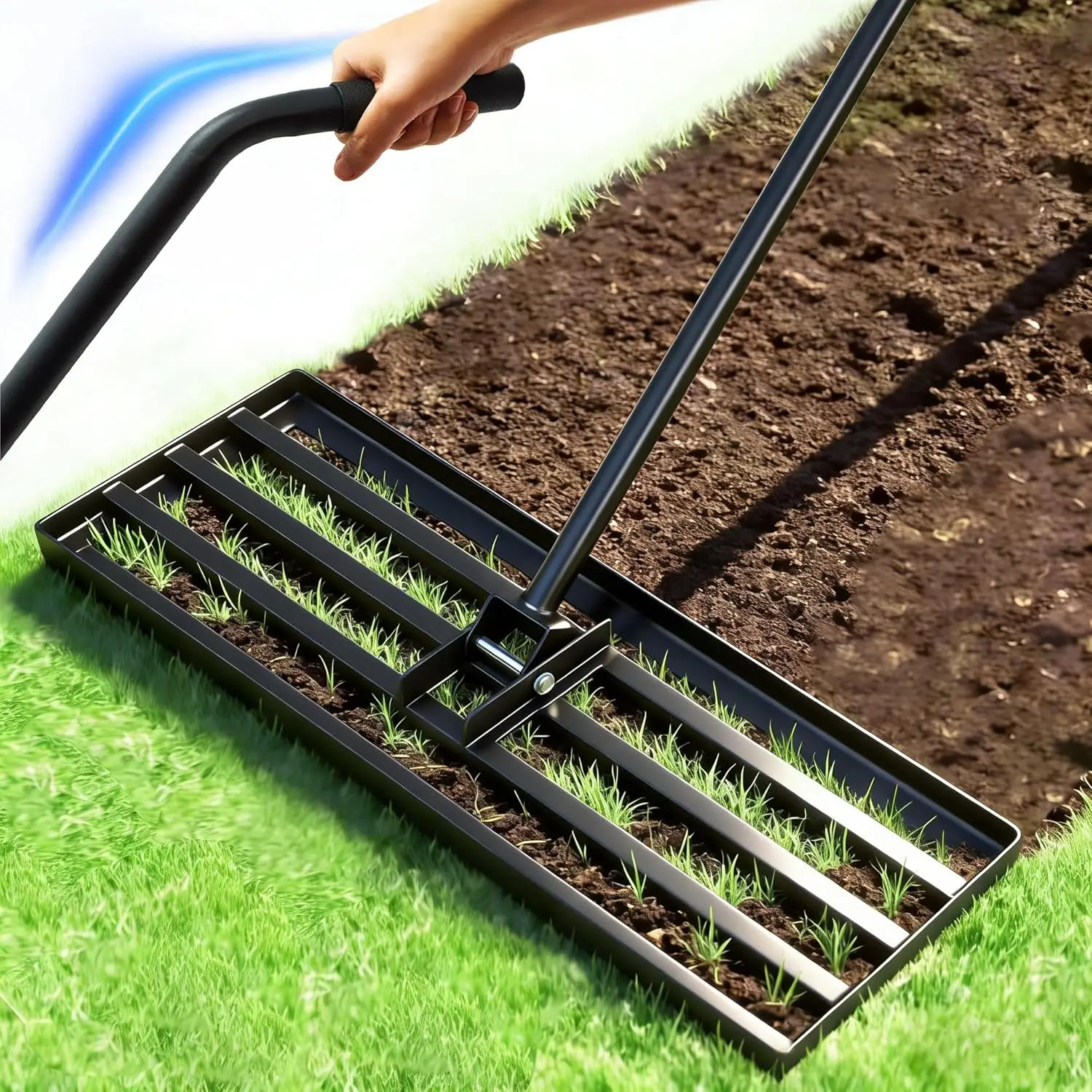 

30" x 10" Stainless Steel Lawn Leveling Rake with Ergonomic Bent Handle, 6ft Long for Yard, Garden & Sports Field