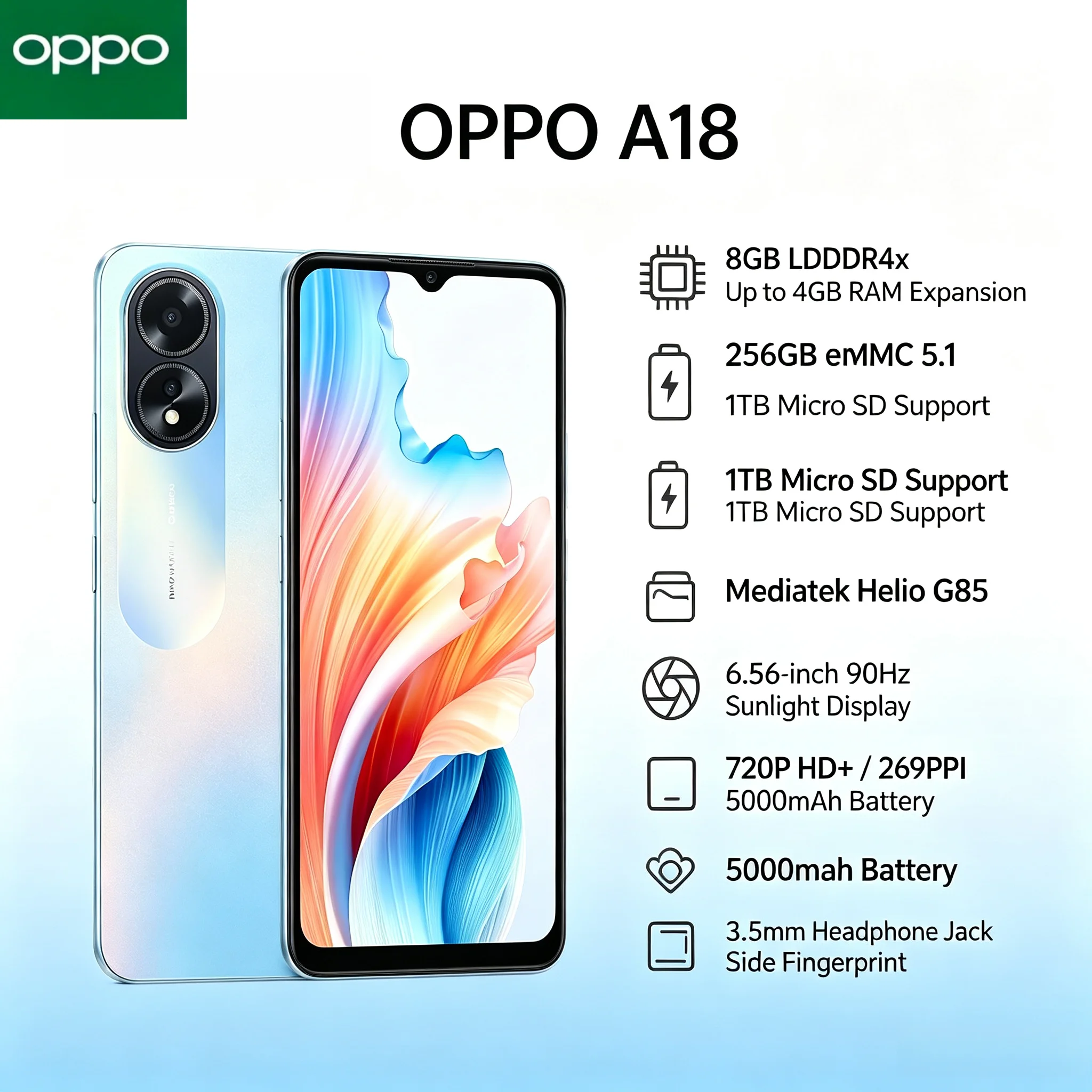 2026official OPPO A18 Dual SIM Smartphone-8 GB + 256 GB - Helio P35 - 6.5' HD+ Display - 5000 mAh Battery - 48 MP AI Dual Camera