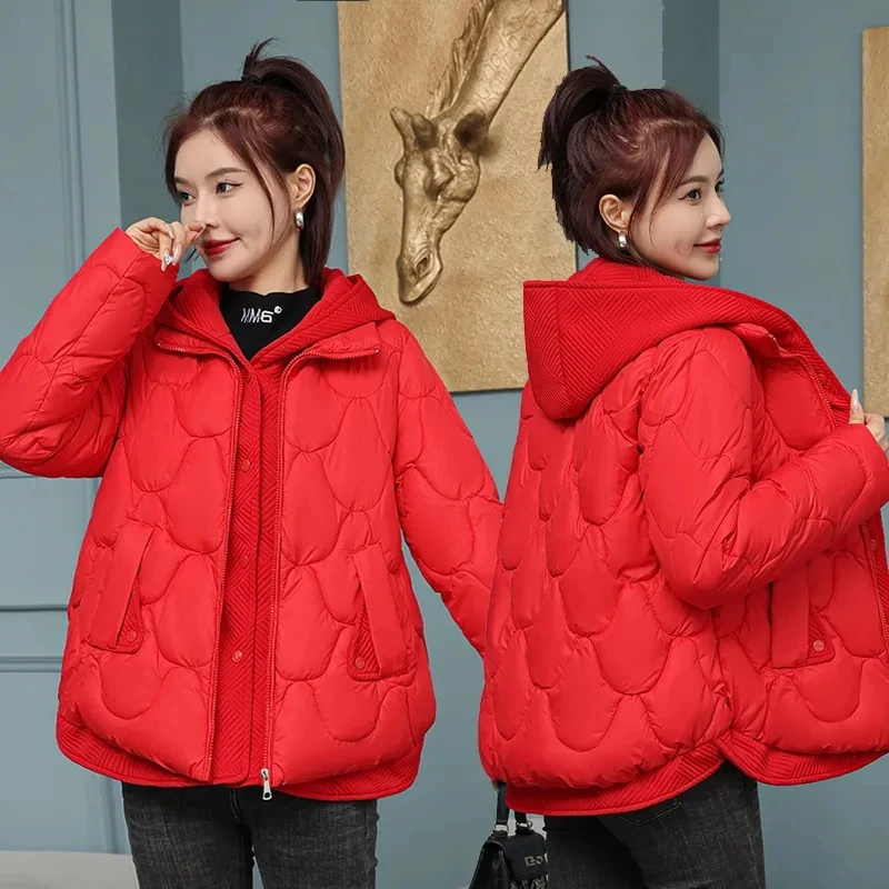 2026 New Down Cotton Jacket Women's Winter Fake Two Piece Korean Version Loose Hooded Coat Parkas Casual Student Short Jackets
