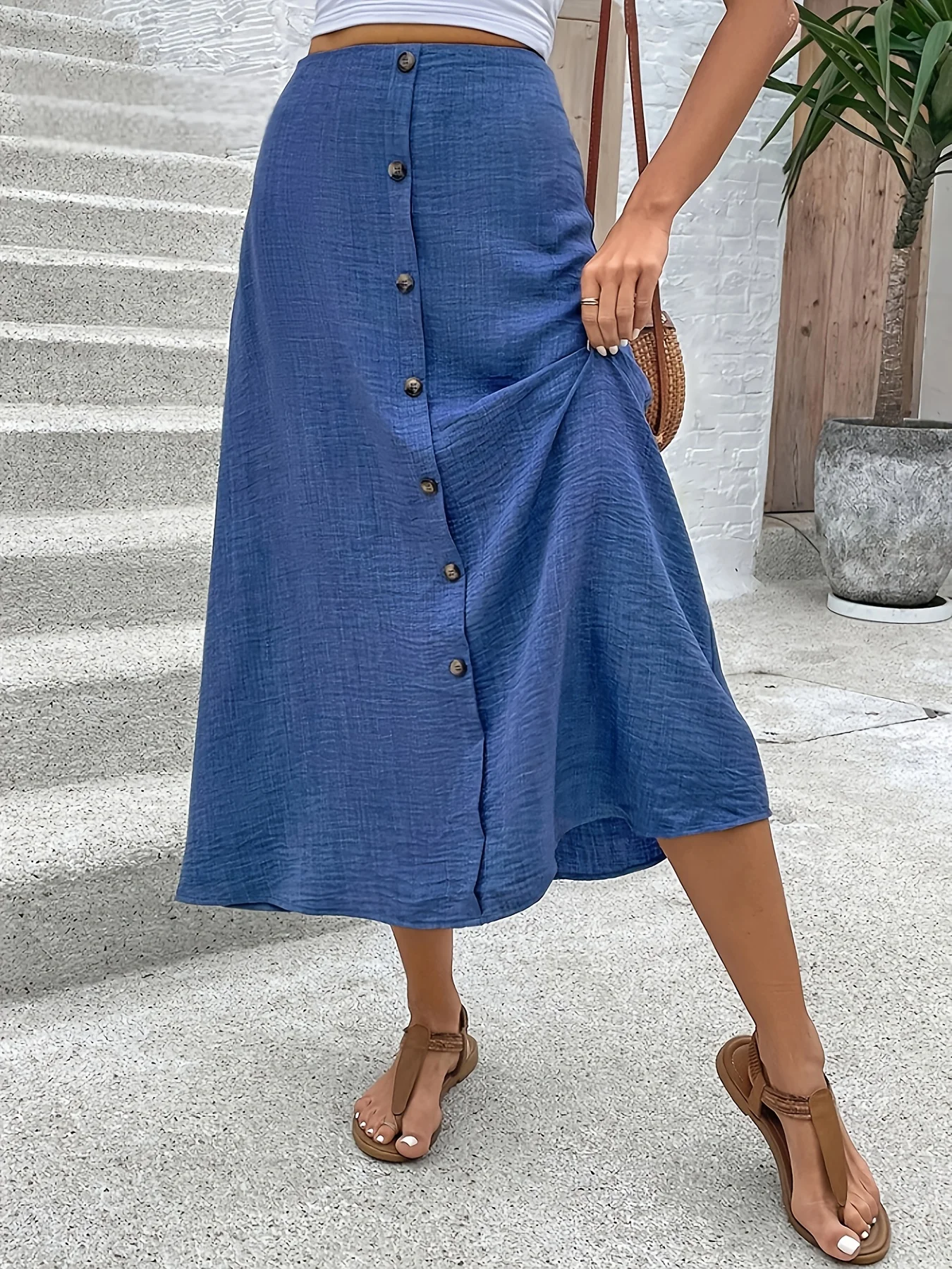 Fashionable Solid Color Long A-Line Half Skirt with Decorative Hemline Elegant Women's Midi Skirt for Casual Wear