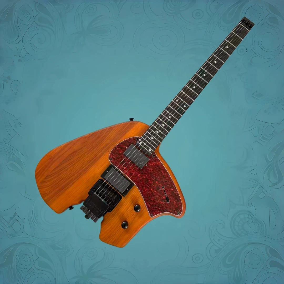 Headless Solid Body Electric Guitar, Unique Asymmetric Wood Body, Natural Wood Grain Finish, Double Humbucker Pickups