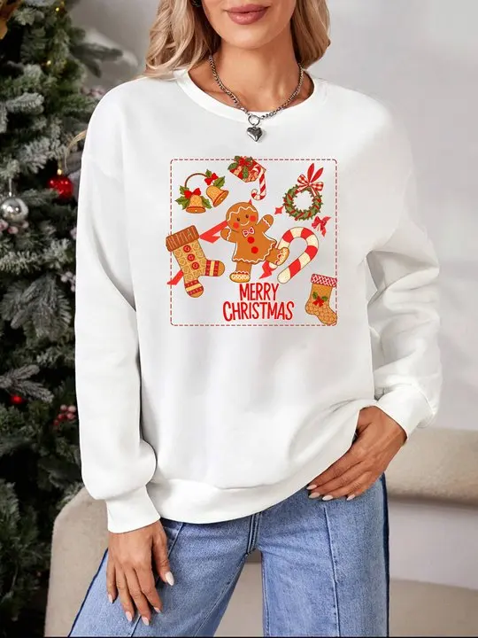 Mia Muse  Women's Sweatshirts Fashion Plain Merry Christmas Scene Pattern Letter Print Long Sleeve Round Neck Loose Sweatshirts