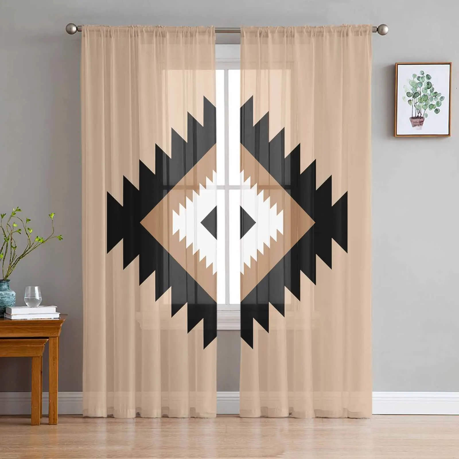 

Bohemian Aztec Brown Tulle Curtains for Living Room Sheer Curtain for Bedroom Kitchen Blinds Voile Curtains