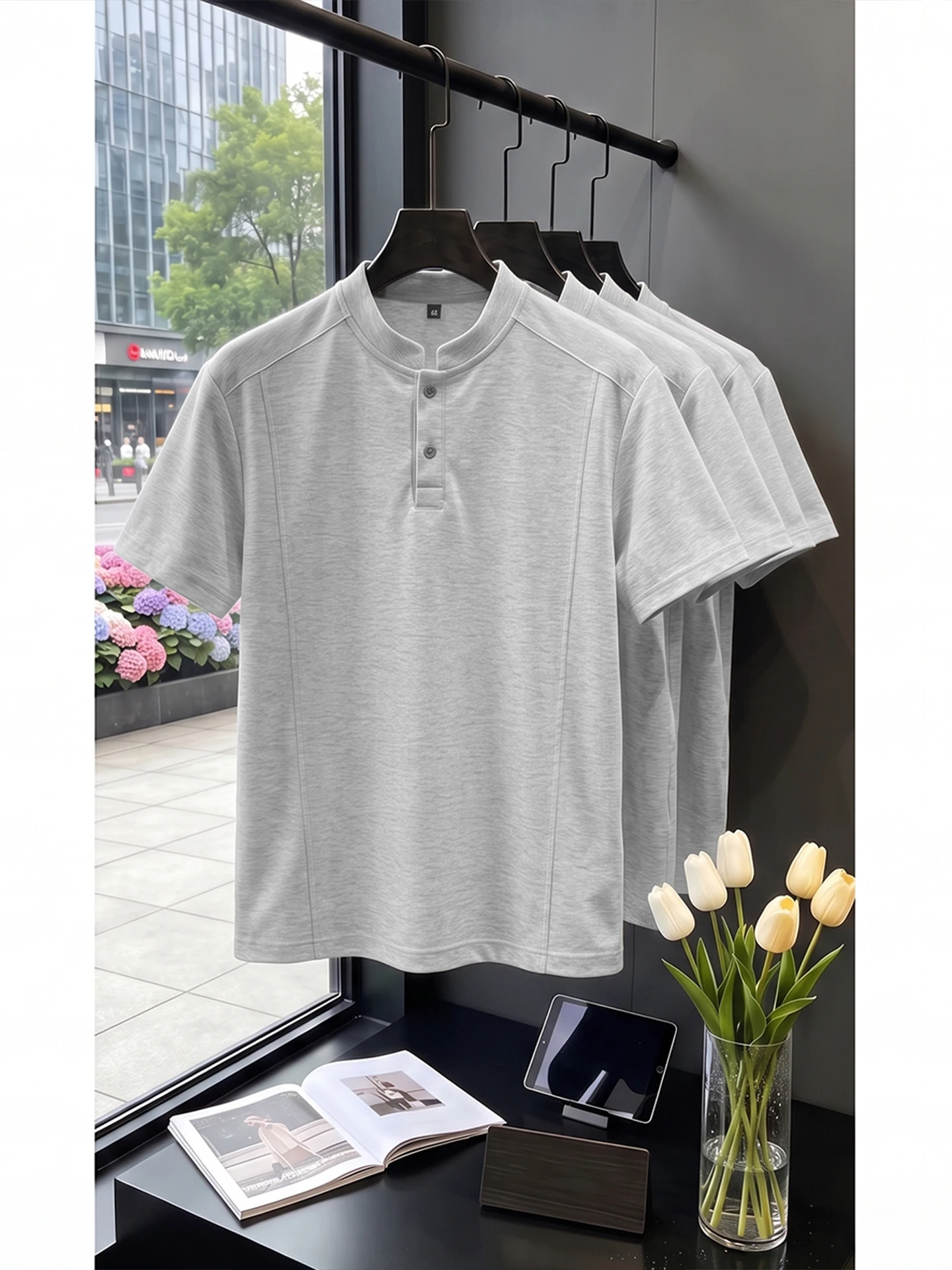 White Grey Deconstructed Splice Shoulder T-Shirt Men's Style American Heavyweight Henry Collar Short Sleeve Cleanfit Half Sleeve