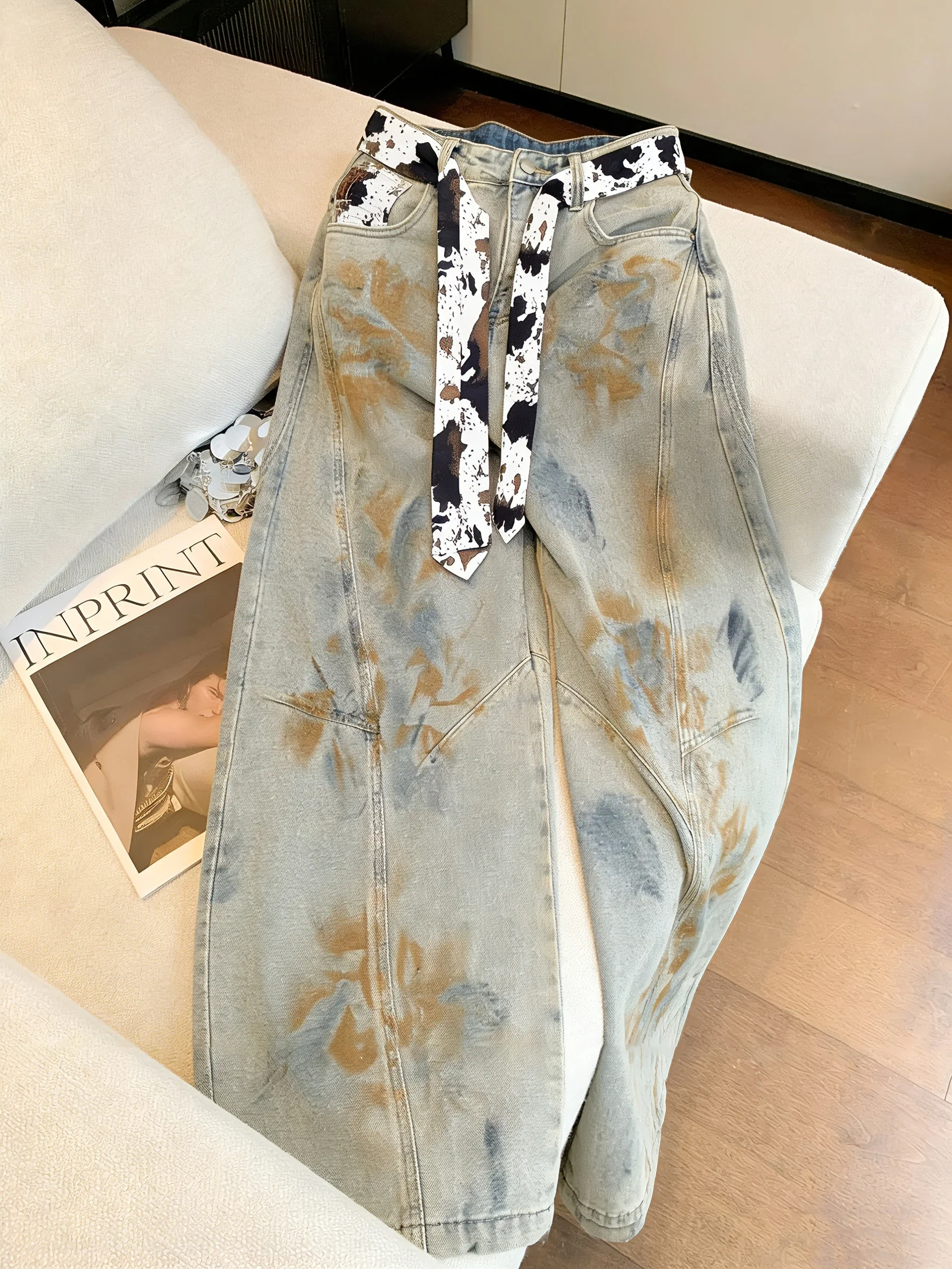 

Ретро джинсы с широкими штанинами, плотные, свободного кроя, женские, модные, повседневные, длинные брюки с асимметричным принтом, весенняя коллекция