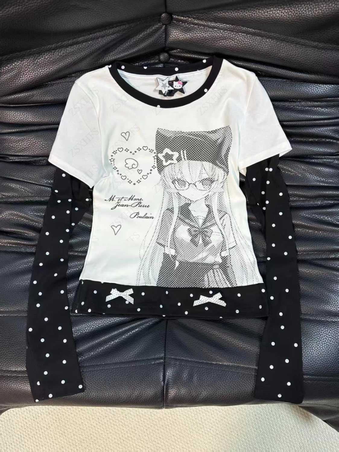 2000s Cartoon Print Pullovers Women Clothes Slim Tops Kawaii T Shirts Hip Hop Streetwear Punk Fake two-piece Cuteore Pullovers
