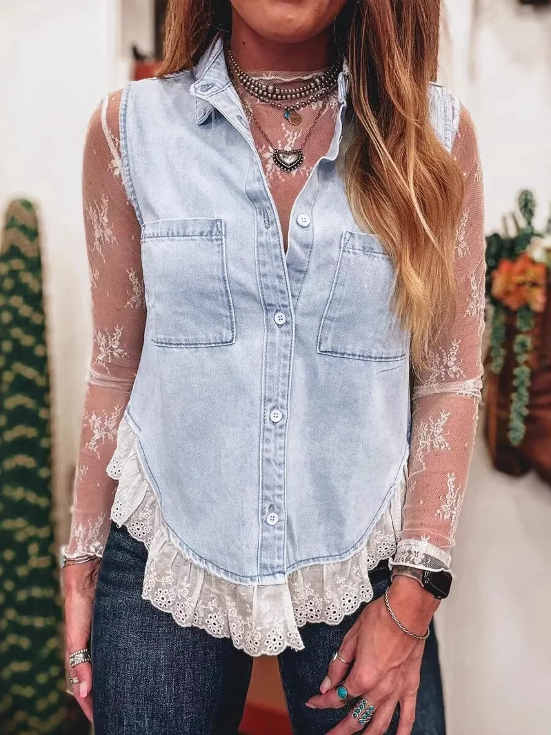 

Women's Denim Long Sve Patchwork Blouse Vest Lace Original Design Cotton Inner Collar Single Button Pure Color Polyester