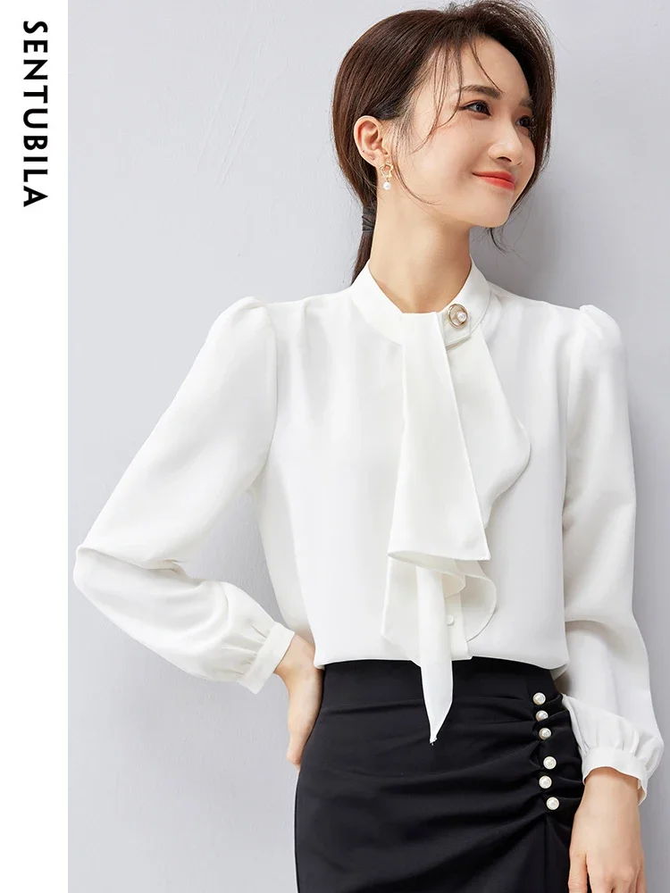 SENTUBILA Elegant Chic Bow White Shirt Women 2024 Autumn Lady Long Sleeve Sleeve Loose Fit Button Up Shirts & Blouses 143C57856X