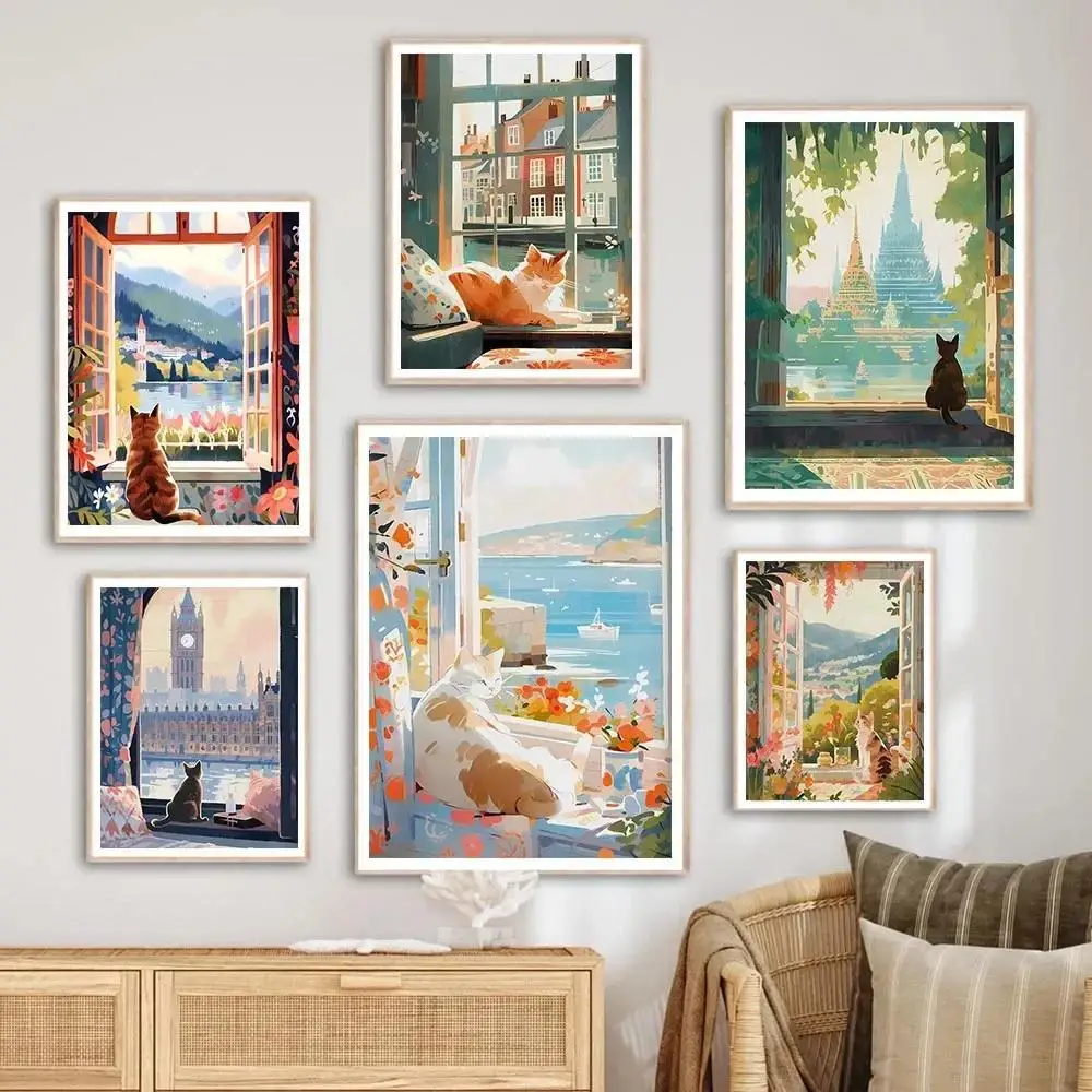 مطبوعات فنية لجدران المناظر الطبيعية الساحرة للقطط ، لوحات قماشية من إيطاليا ، جبل فوجي ، باريس ، اليونان ، ملصقات السفر لغرفة المعيشة ، Dec