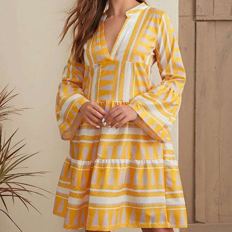 

Summer Vintage Printed Party Evening Dress 2023 For Women Flectit Aztec Office Dress Boho Chic Flared Sleeve Tiered Tunic Dress