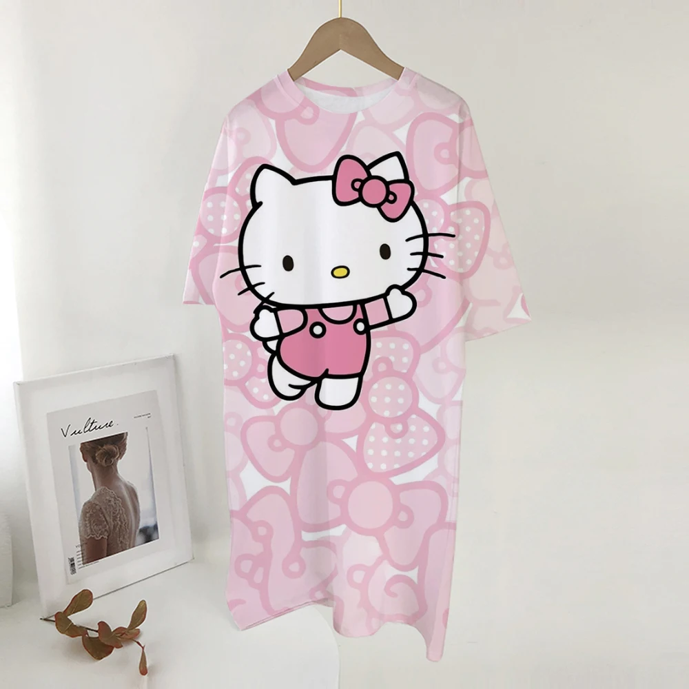 Verano mujer camiseta vestido Casual cuello redondo manga corta Hello Kitty estampado coreano Slim Mini Vestidos