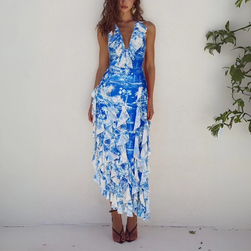 

Fashion Ruffled Beach Swimsuits Blue Print Slim Fit Summer Swimsuit Deep V Sleeveless Jumpsuit & Long Skirt Women's Bikini Set