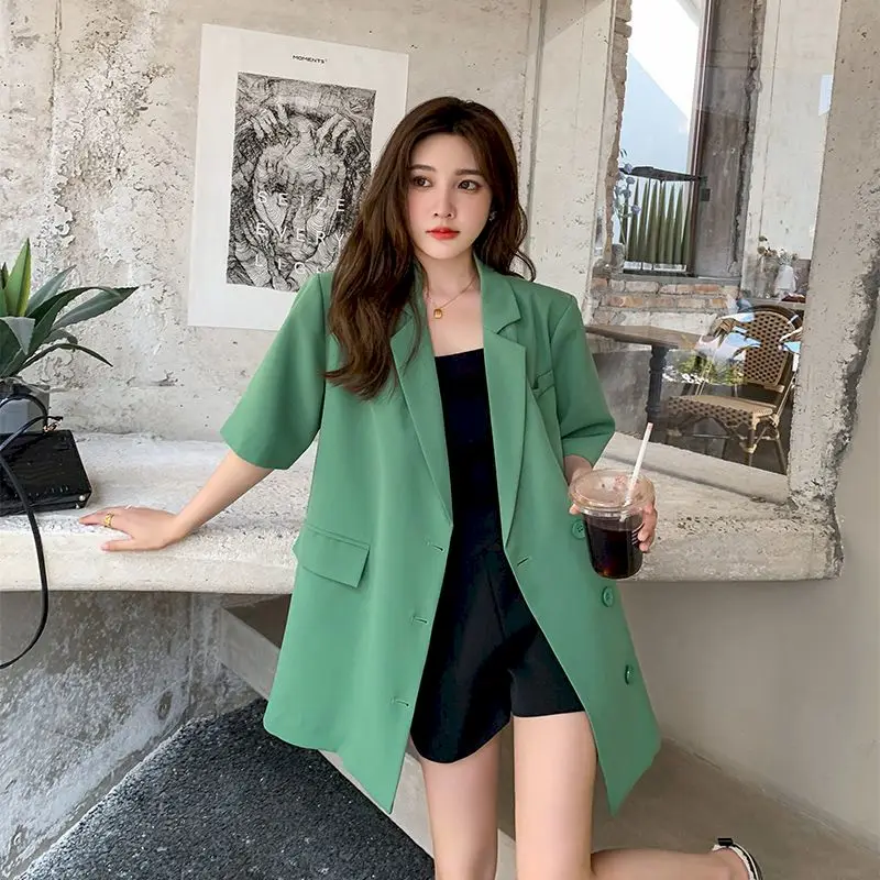 Oversized Blazer Women Mid-length Short Sleeve Suit Jacket Summer Trend Loose Thin Coats Casual  Blazers Fashion Design Jackets