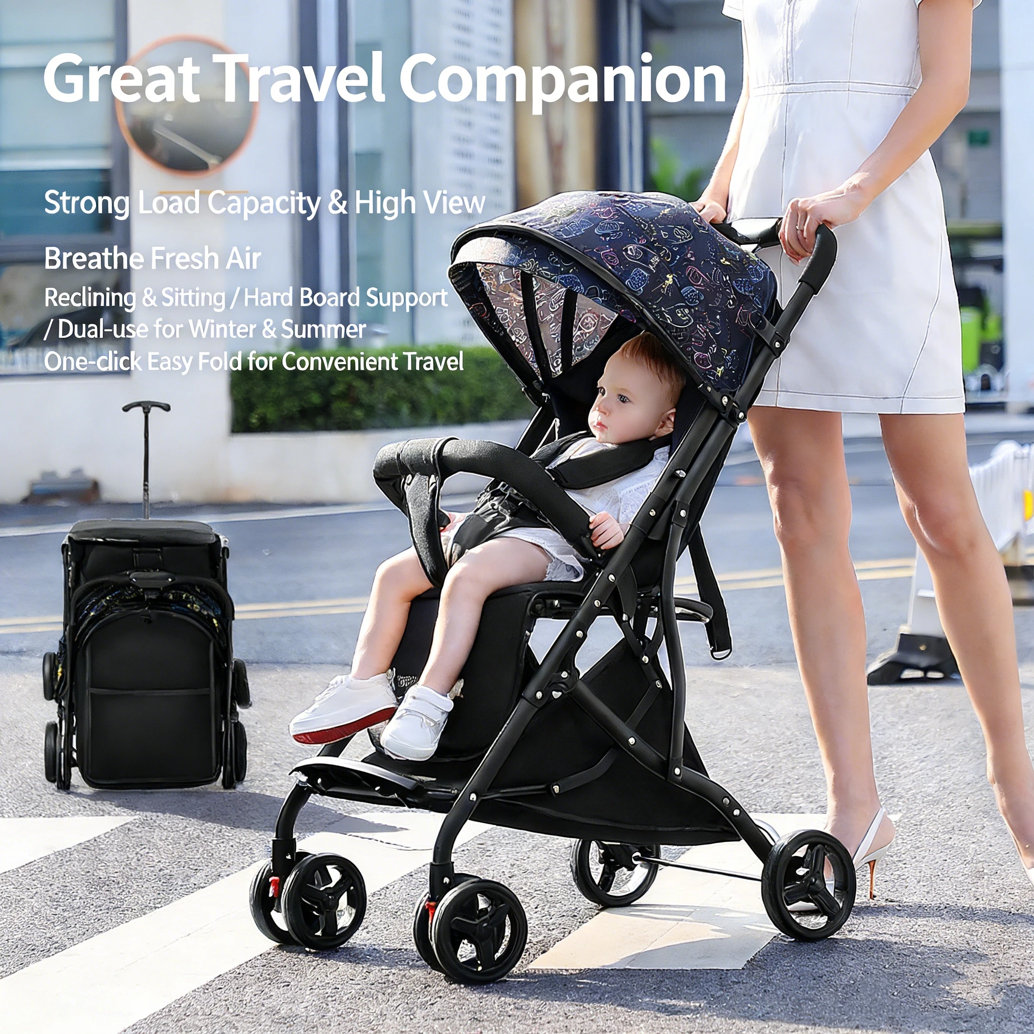 

Легкая детская коляска, компактная прогулочная коляска с вместительной корзиной, регулируемой спинкой, увеличенным куполом, для младенцев и малышей