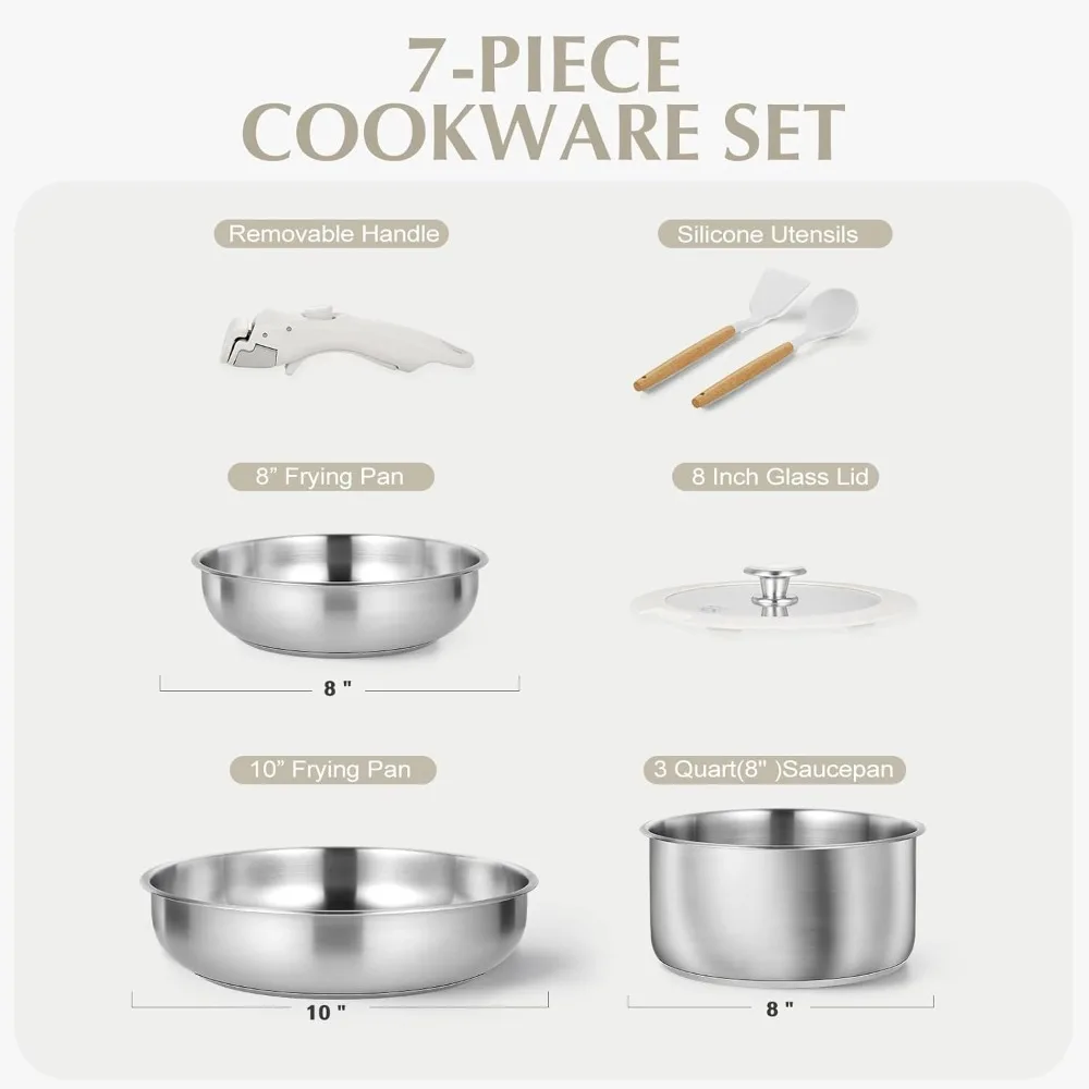 KOCH SYSTEME CS Stainless Steel Detachable Handle Set 7 Piece 2QT Saucepan 8 10 Inch Frying Pan Induction Gas Compatible