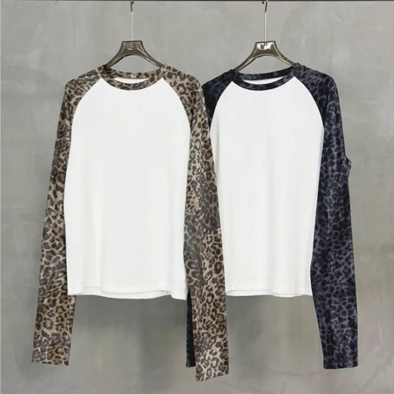 Men Leopard Print Raglan Long Sleeve Tops 250gsm Stacked Sleeve Crewneck Tee Y2K Streetwear Loose Tops Unisex Casual Sweatshirt