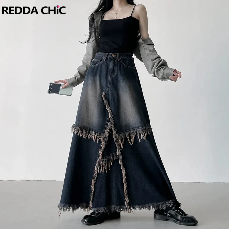 

REDDACHiC Star Patchwork Denim Maxi Skirt for Women Y2k Vintage Stitch Long Jeans Skirt Korean Streetwear