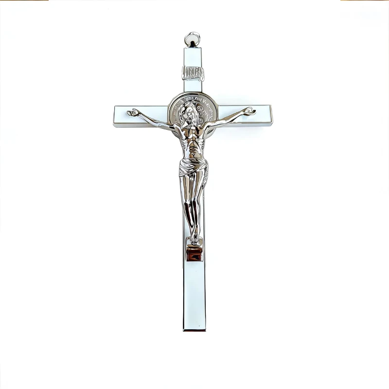 Neu2026 Traditionelles silberfarbenes katholisches St.-Benedikt-Kruzifix mit INRI-Gravur für Kirchenaltar und spirituelle Heimdekoration – Detail 2