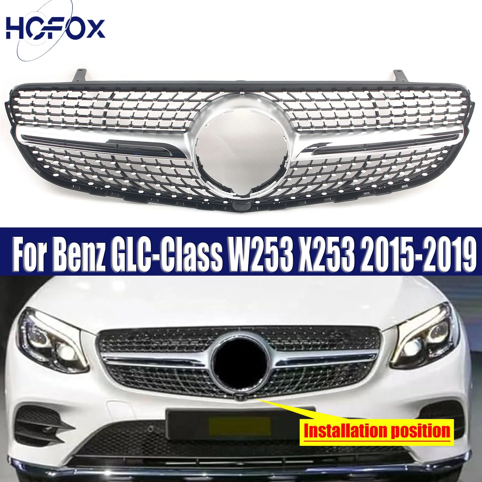 

Silver Black Upper Bumper Hood Mesh Front Grill Grille For Mercedes Benz GLC-Class W253 X253 2015-2019