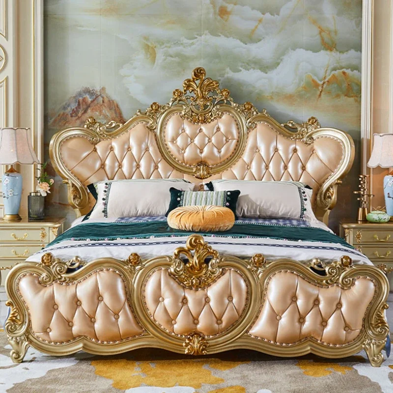 

King High End Double Bed Frame High Queen Master Gold Luxury Frame Bed Aesthetic European Camas Matrimonial Bedroom Furniture