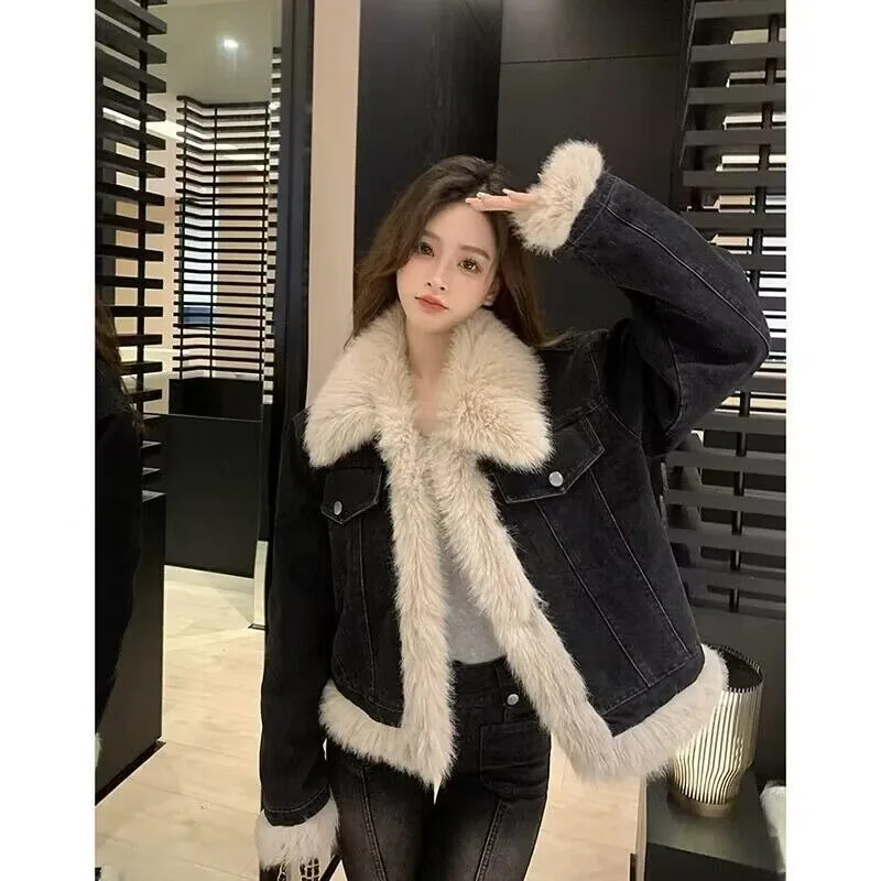 Chic Color-blocking Retro Woolen Collar Denim Jacket Cotton Interlacing Loose Casual Cotton-padded Jacket Women in Autumn Winter