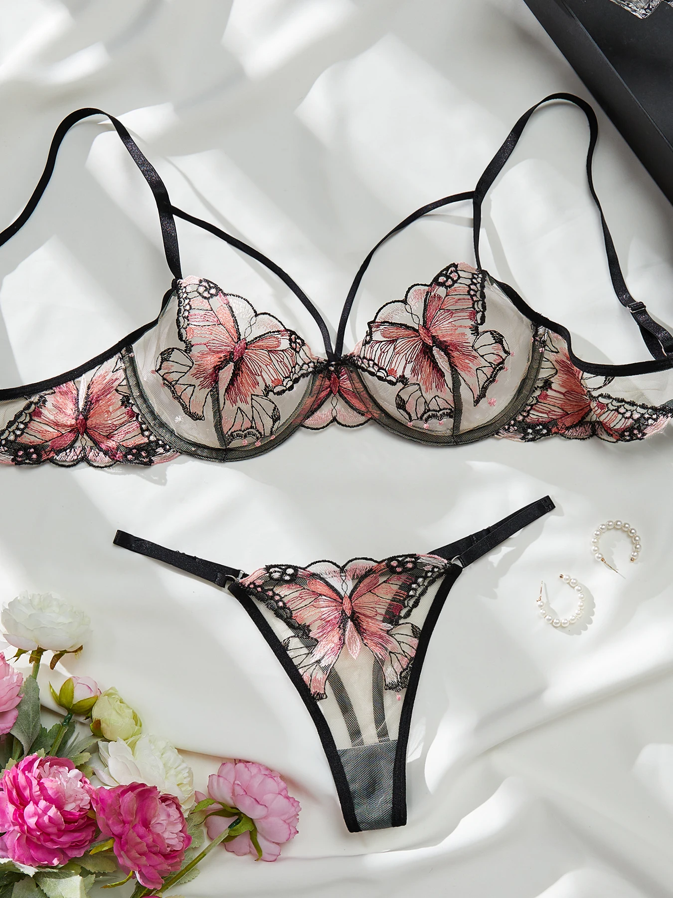 여성용 2피스 란제리 우아한 리본 시스루 섹시한 나비 브라 팬티 귀여운 소녀 친밀한 속옷 세트