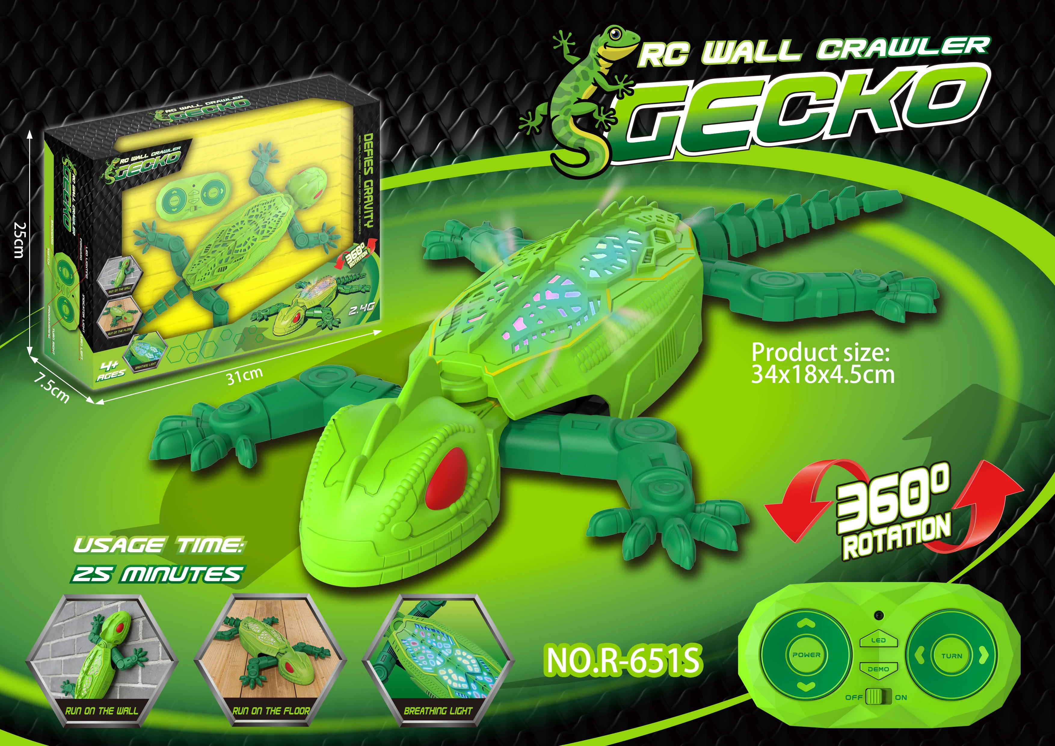 2.4G RC Wall Climbing Gecko Toy Remote Control Crawler Lizard Robot with LED Light 360° Rotation Simulation Reptile Prank Toy