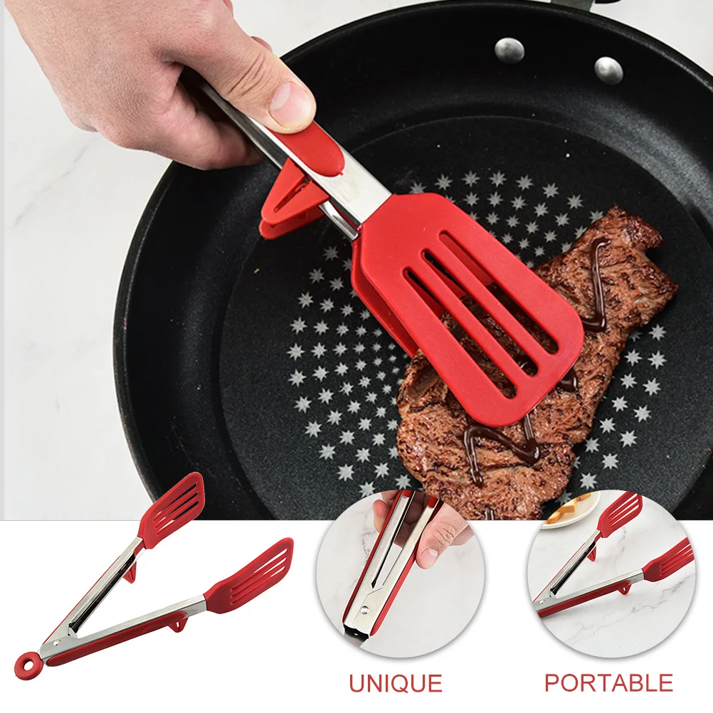 

Stainless Steel Food Tongs Restaurant Silicone Head Dessert Barbecue Clamp Fruits Red