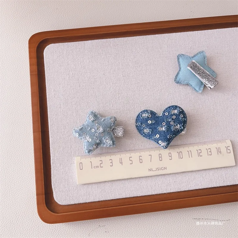 

1pc Toddler Soft Fabric Hair Clip Denim Blue Baby Bangs Holders Star Heart Cute Hairpins for Kids Summer Accessories Hair Pin
