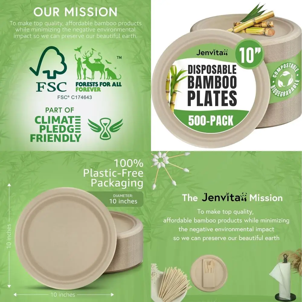 

10-inch Compostable Bamboo Paper Plates (500-Pack) - Heavy Duty, Microwave Safe, Biodegradable, FSC Certified