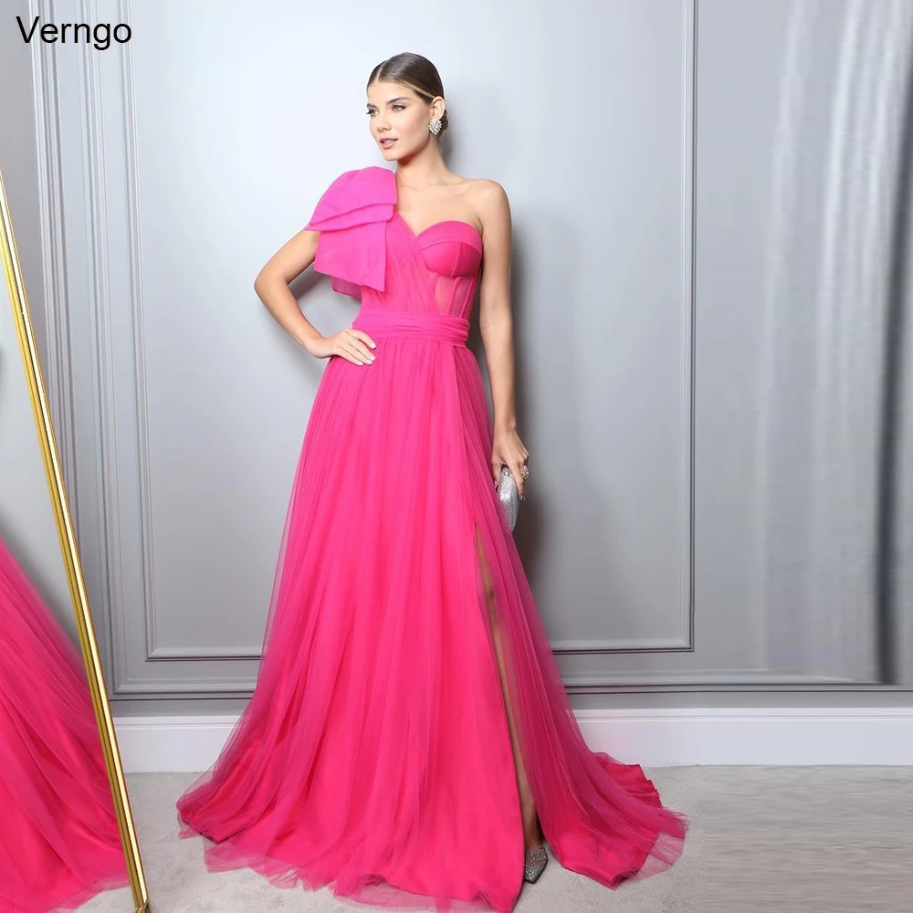 

Verngo A-line Prom Dress One Shoulder Sleeveless Evening Party Dress Tulle Split Long Formal Occasion Gown Robe De Soirée